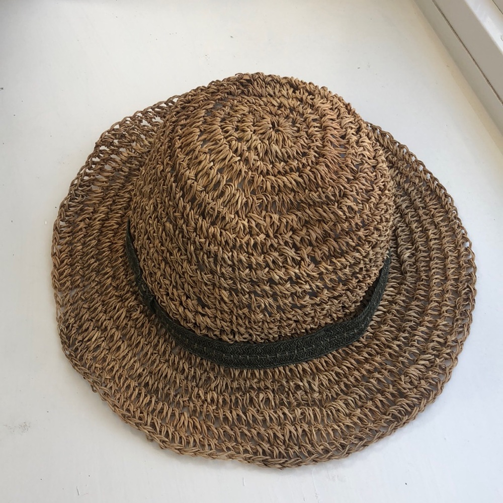 Straw, tan hat with olive green ribbon detail made by Lanvin